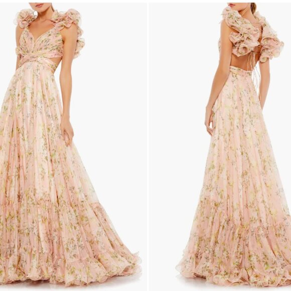 MAC DUGGAL 67803 RUFFLE TIERED FLORAL CUTOUT CHIFFON PINK MULTI GOWN 2 - Picture 1 of 6